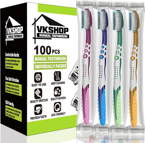 100 Bulk Travel Toothbrushes | Portable Individually Wrapped Toothbrush for Adults & Children | Disposable Soft Bristle