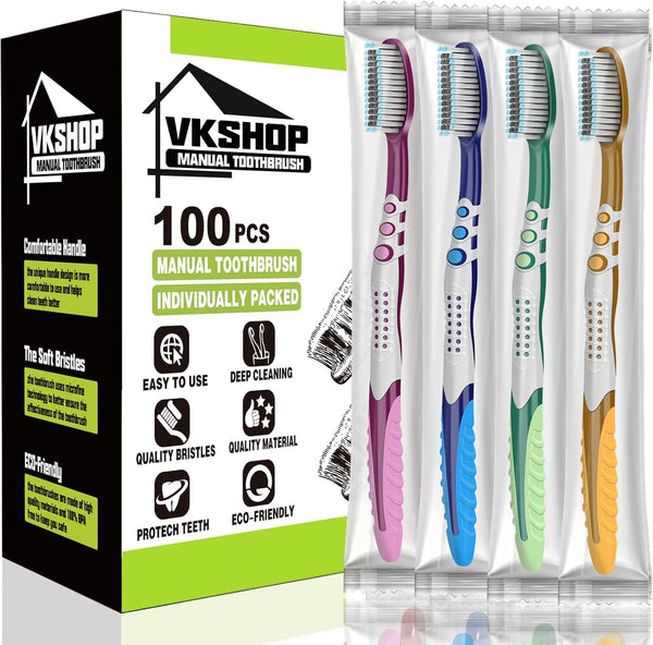 100 Bulk Travel Toothbrushes | Portable Individually Wrapped Toothbrush for Adults & Children | Disposable Soft Bristle