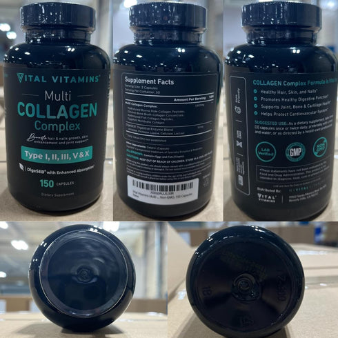 Vital Vitamins Multi Collagen for Women & Men, Type I, II, III, V, X, Grass Fed, Non-GMO, 150 Capsules