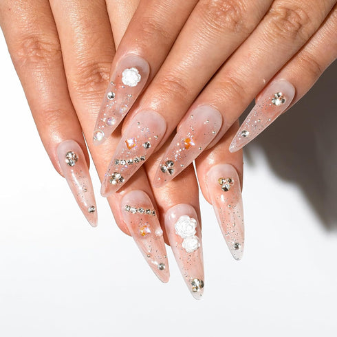 Stiletto Press on Nails, Pink Ballet Almond Nails with Diamond Camellia Designs, 10pcs Handmade Acrylic Fake Nails