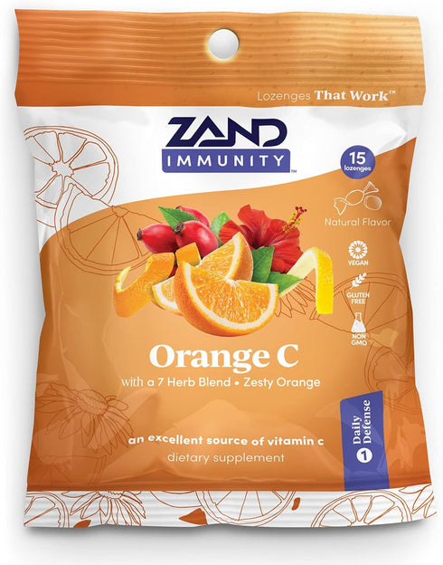 Zand Immunity Orange C HerbaLozenge | Vitamin C Throat Drops w/Soothing Herb Extracts | Non-GMO (15 Lozenges)