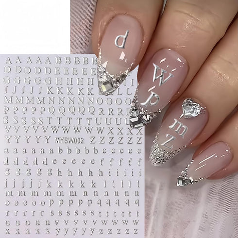 Letters Nail Art Stickers, English Alphabet 3D Self-Adhesive Metallic Gold Silver Decals for DIY Manicure Supplies