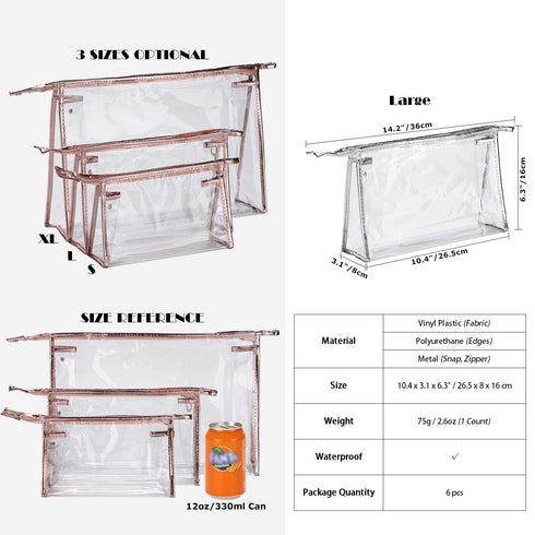 Sea Team 6-Pack Transparent Waterproof Cosmetic Bags: Clear Vinyl Makeup Bags, Portable Travel Toiletry Pouch