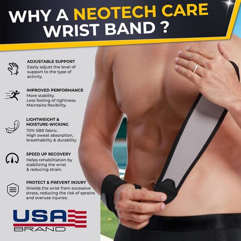 NeoTech Care Wrist Band Support Wrap - Adjustable Compression Strap, Elastic & Breathable Fabric, Black Color, Size L,