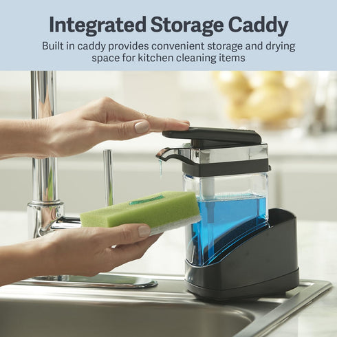 Casabella Sink Sider Solo Kitchen Soap Pump and Sponge Caddy - Black/Chrome 2-in-1 Design