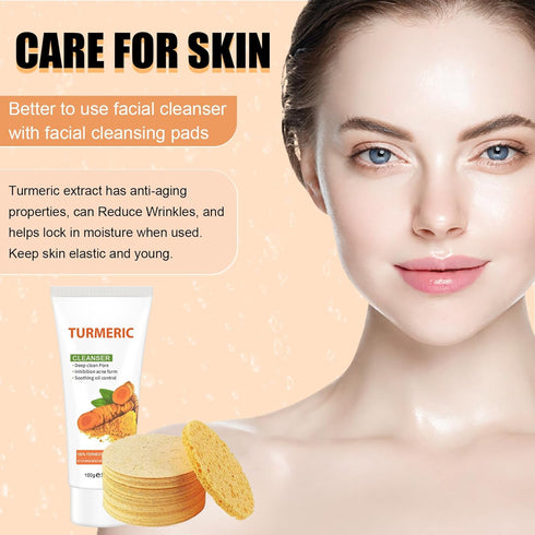 Turmeric Cleansing Pads & Facial Cleanser - Turmeric Face Wash Soap with 20Pcs Facial Sponges, Skin Care Set
