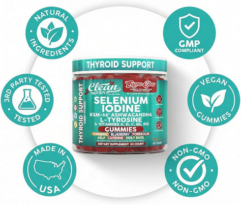 Gummies 66 B12, B6 ThyroGlow Thyroid Support Selenium Iodine KSM Ashwagandha L Tyrosine Vitamin D, C, Turmeric
