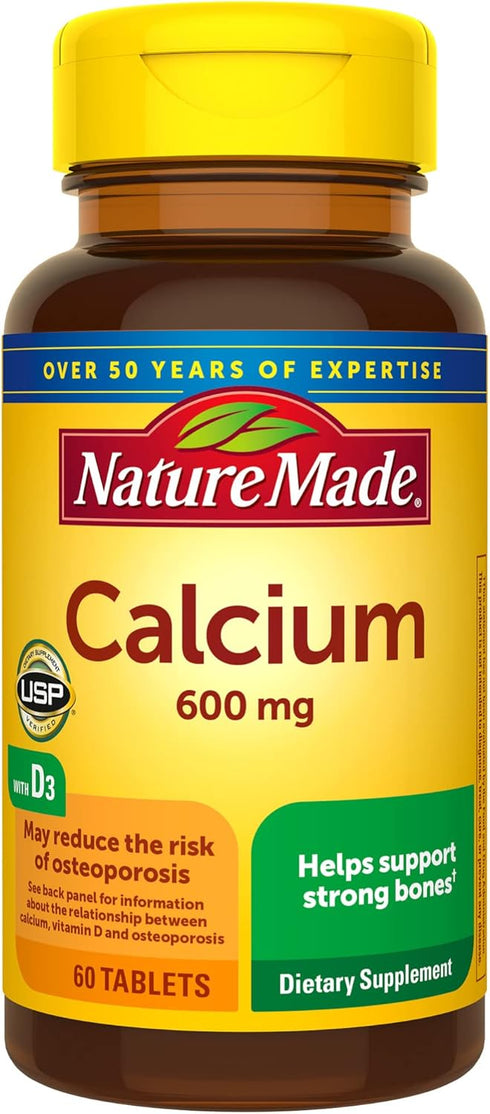 Nature Made Calcium 600 mg with Vitamin D3, 60 Tablets, Dietary Supplement for Bone Support