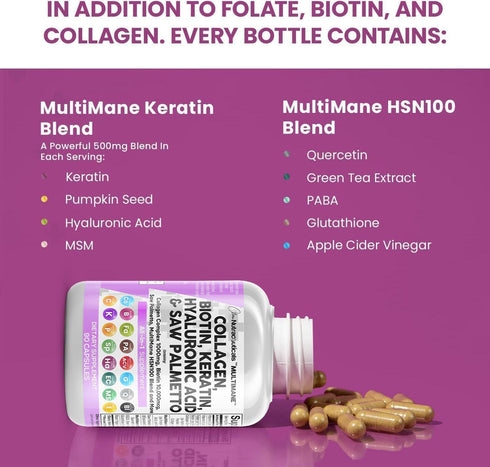 Hair Skin and Nails Vitamins - Collagen Pills 1000mg, Biotin 10000mcg, Keratin 2500mg, DHT Blocker, 90 Count