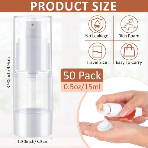 Yaomiao 50 Pcs Airless Pump Bottle - 0.5 oz 15 ml Plastic Cosmetic Lotion Dispenser