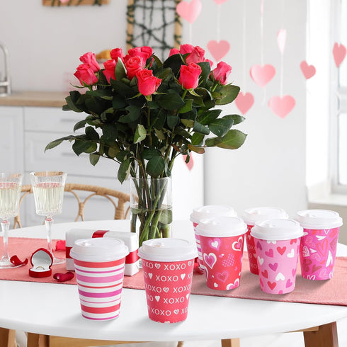Pascliyna 100 Set 12oz, 5 Valentines Disposable Coffee Cups with Lids Pink Heart Print Disposable Paper Cups, Styles