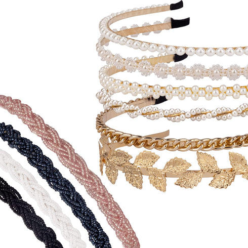 Pearl Headbands - Beaded Metal No Slip Hair Accessories for Women Girls, 10 Pack