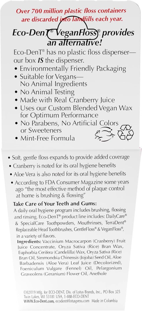 Eco-Dent VeganFloss Dental Floss, Waxed, Cranberry-Aloe, 100 Yds, Recyclable Cardboard Packaging, Pack of 6