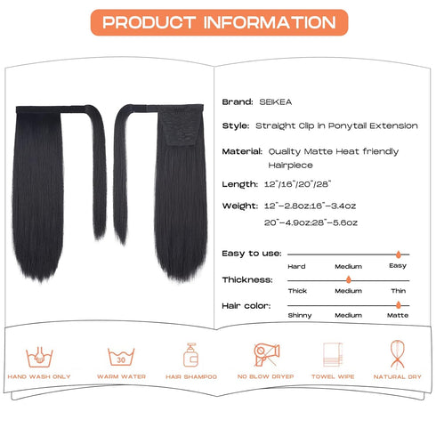 SEIKEA Clip in Ponytail Extension Wrap Around Straight Hair for Women (16'', Black)
