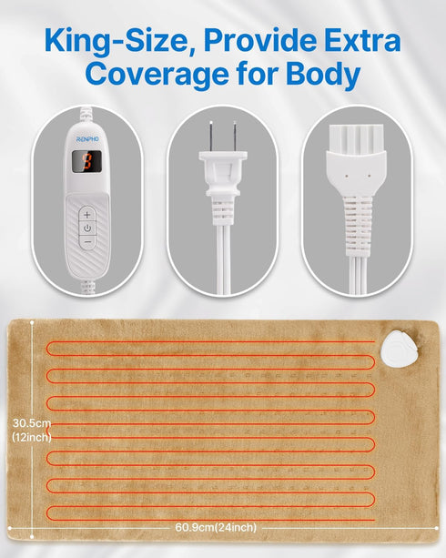 RENPHO King Size Heating Pad for Back Pain & Cramps Relief, FSA HSA Eligible, Auto Shut Off, 12" x 24" Light Yellow