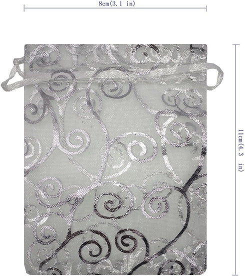 100pcs Sheer Organza Favor Bags for Wedding Baby Shower, Rattan Print Gift Bags, Drawstring Pouches