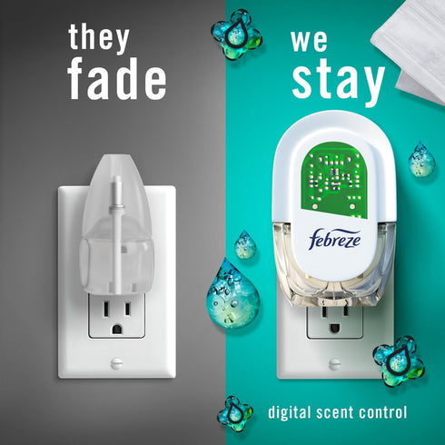 Febreze Air Freshener Plug In, Wall Diffuser, Unstopables Fresh Scent, Odor Fighter, 1 Warmer + 2 Oil Refills