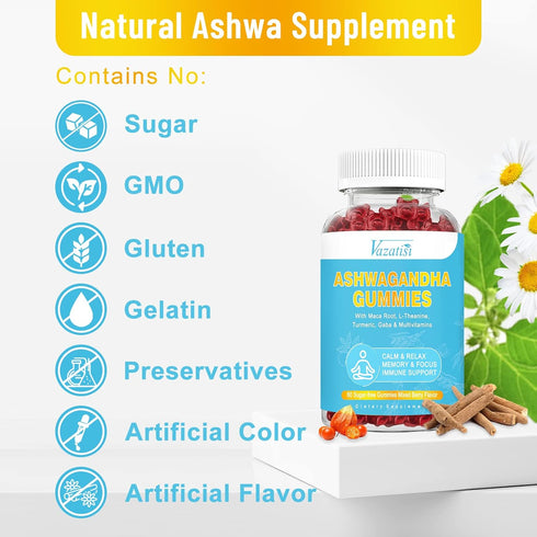 Sugar Free Ashwagandha Gummies 3000mg - 60 Ct with Maca Root, Turmeric, GABA for Mood, Energy & Immune Support, Mixed