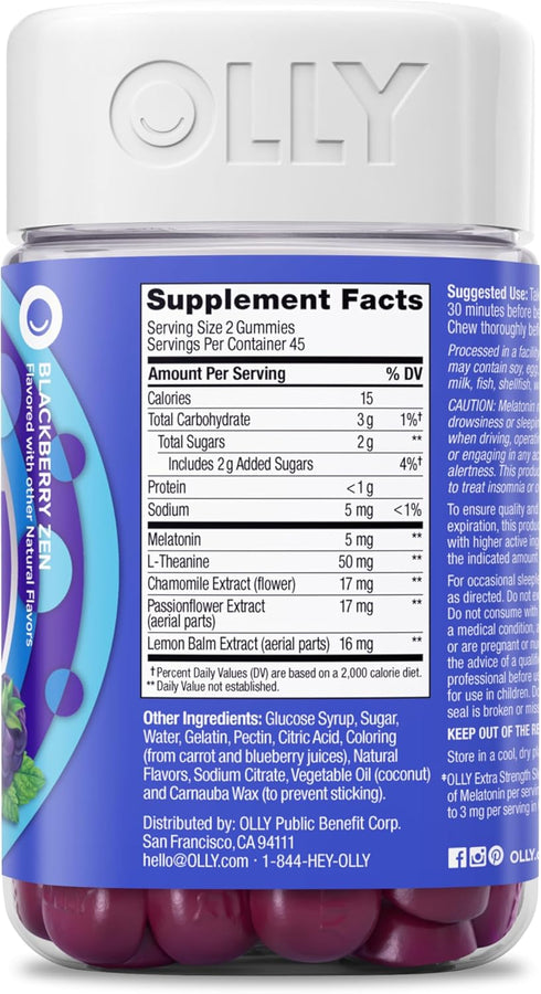 Gummy 5 90 Count OLLY Extra Strength Sleep mg Melatonin, L-Theanine, Chamomile, Lemon Balm Extracts, Sleep Aid