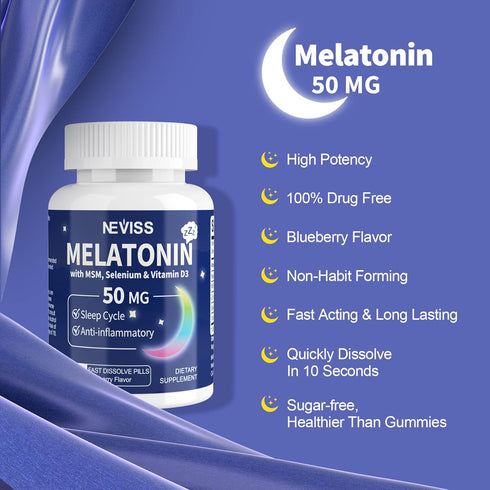 Melatonin 50 mg for Adults - Fast Dissolve Chewable Sleep Supplement with Vitamin D3 & MSM, 120 Servings for Deep Sleep