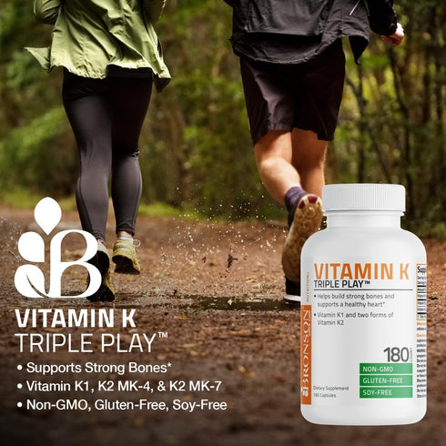 Bronson Vitamin K Triple Play | Full Spectrum Complex Vitamin K Supplement (K2 MK7, K2 MK4, K1) | 90 Capsules