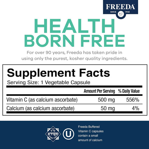 FREEDA Vitamin C - Buffered Vitamin C 500mg, Kosher, Powerful Antioxidant Immune Support - 100 Count