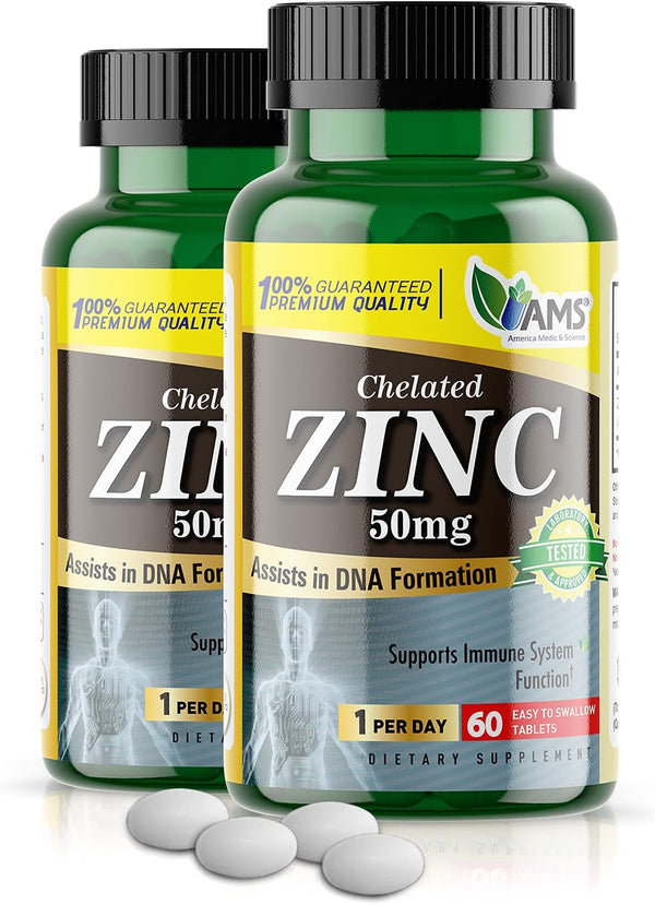 America Medic & Science Chelated Zinc 50 mg Supplements (2 Pack of 60 Tablets) for Immune Booster and Powerful