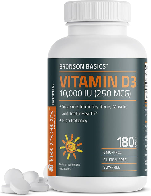 Bronson Vitamin D3 10,000 IU (250 MCG), 180 Tablets for Healthy Muscle Function & Immune Support, Non-GMO