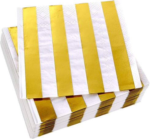 SILVER SPOONS Gold Napkins for Wedding Reception - 36 Piece, 5” x 5” 3-ply Cocktail Napkins for Party, Stripe Design