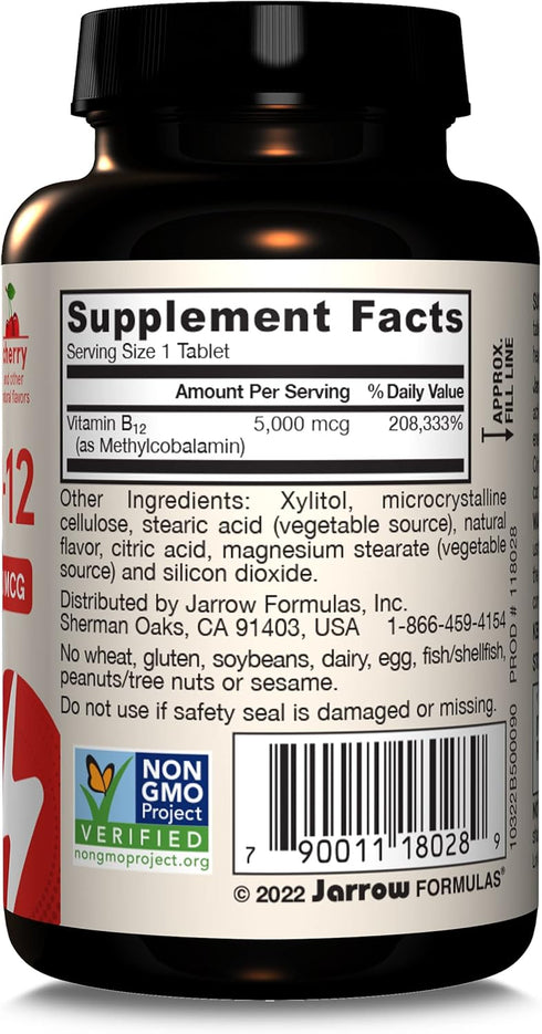 Jarrow Formulas Maximum Strength Methyl B-12 5000 mcg - Dietary Supplement - 90 Cherry Flavored Chewable Tablets