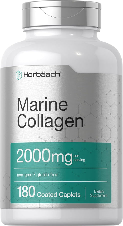 Horbaeach Marine Collagen Peptides 2000mg - 180 Caplet Capsules with Calcium, Non-GMO, Gluten Free Supplement