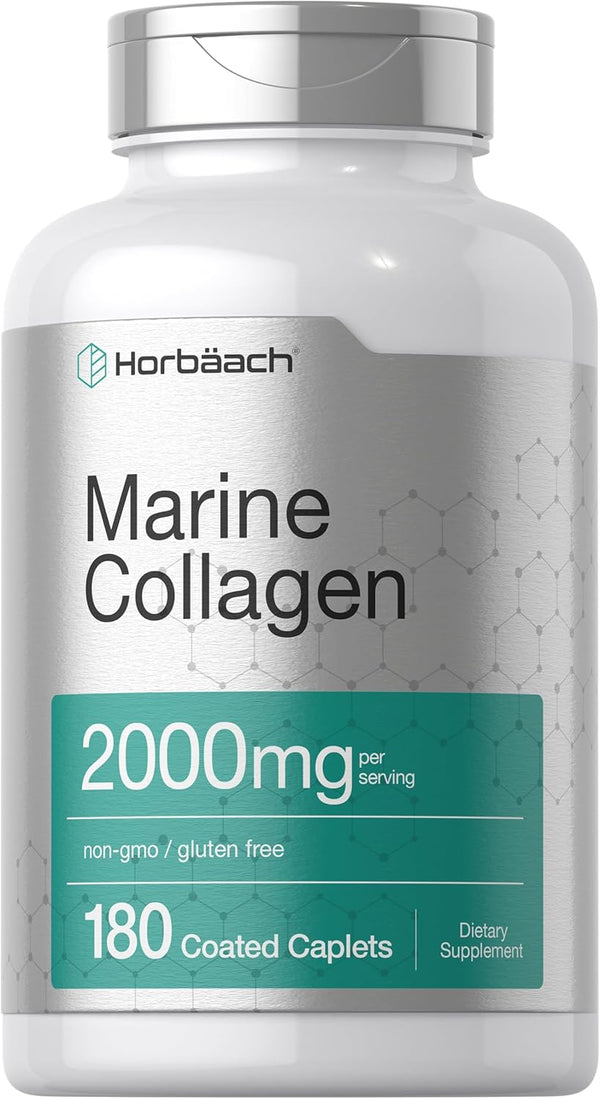 Horbaeach Marine Collagen Peptides 2000mg - 180 Caplet Capsules with Calcium, Non-GMO, Gluten Free Supplement
