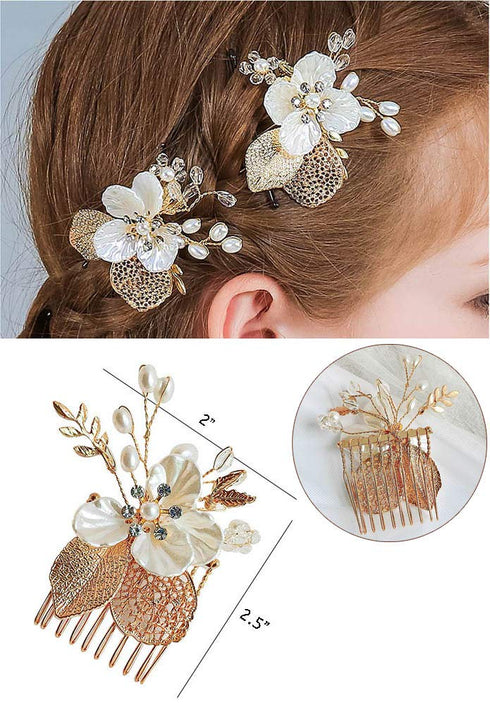 PRDGIRL Pack of 2 Wedding Flower Girl Hair Pins, Bride Pearl Hair Piece Crystals Hair Clips for Women and Girls (Gold)