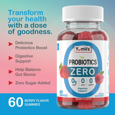 YUM-V'S Zero Sugar Probiotic Gummies, 60ct Sugar Free Digestive Health Supplements for Women, Men & Kids