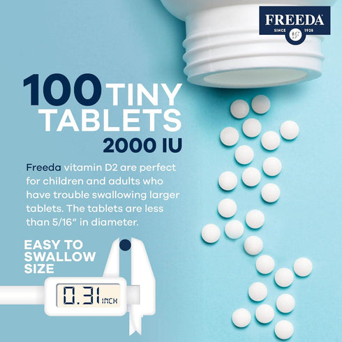 FREEDA Vitamin D2 2000 IU, Vegan Vitamin D for Bone Strength & Immune Support, 100 Tiny Tablets