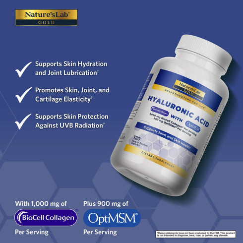 Nature's Lab Hyaluronic Acid with Biocell Collagen and MSM, 120 Capsules for Skin Hydration