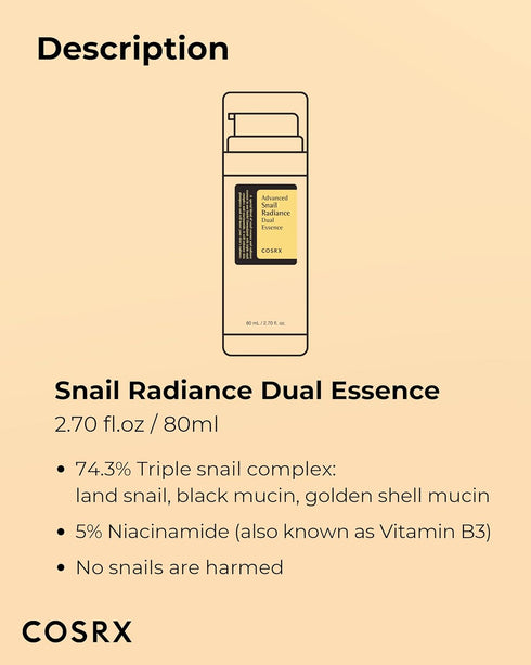 COSRX Niacinamide 5% + Snail Mucin 74% Dual Essence, Anti-Aging Face Serum for Dull Skin, Hydrating, Brightening (2.70