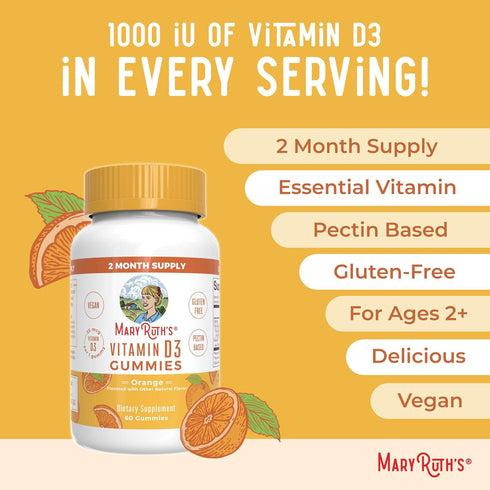 MaryRuth Organics Vitamin D3 Gummies - 2 Month Supply, 60 Vegan Gummies for Immune Support & Bone Health