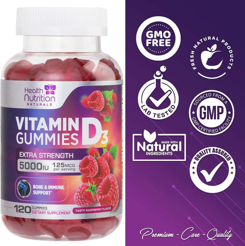 Vitamin D3 Gummies Extra Strength 5000 IU (125 mcg), Nature's Berry Vitamin D Supplement, 120 Gummies, Non-GMO