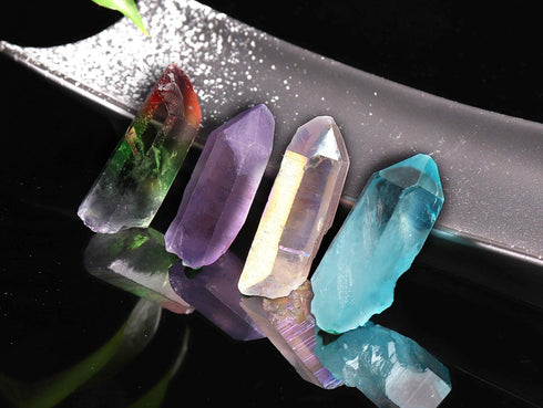 JIC Gem 4 pcs Healing Crystal Single Point Wand - Auqa Aura, Angel Aura, Angel Amethyst, Tourmaline