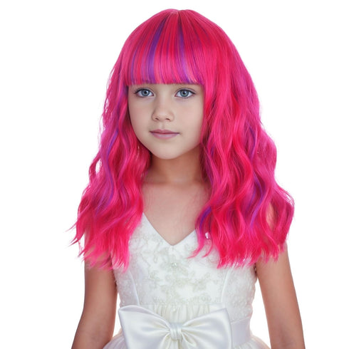 Kids Hot Pink Mixed Purple Wig, Short Wavy Curly Wig for Girls with Air Bangs