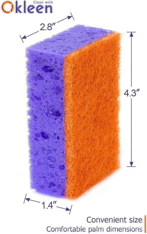 Okleen 9 Pack, 4.3x2.8x1.4 inches. Purple and Orange Multi Use Scrub Sponges. Made in Europe. Heavy Duty & Non Scratch