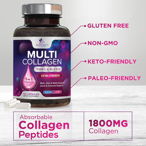 Collagen Peptides for Women & Men, Type I, II, III, V, X, Hydrolyzed Collagen Pills, 120 Capsules, Hair, Skin, Joint