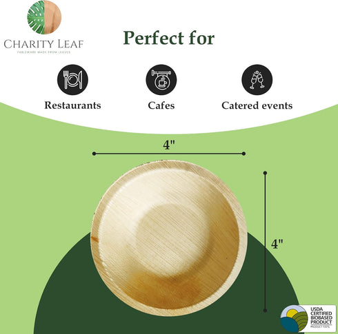 Disposable Palm Leaf 4" Round Bowl (50 pcs) - All Natural Biodegradable Dipping Bowls for BBQs and Parties
