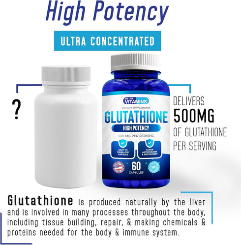 We Like Vitamins Glutathione 500mg Per Serving - 60 Glutathione Capsules, Highly Bioavailable Reduced Glutathione
