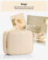 Vlando Travel Makeup Bag, Large Capacity PU Leather Cosmetic Case Organizer, Portable Bag with Dividers and Handle Beige