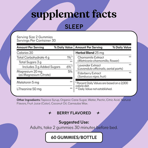 Lemme Gummies 5mg (60 Count) Sleep with Melatonin, Elderberry, Magnesium, L-Theanine, Chamomile and Lavender, Drug-Free