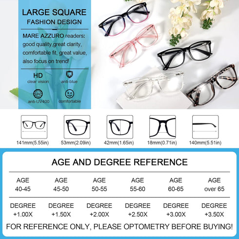 MARE AZZURO Computer Reading Glasses for Women - Blue Blocking Screen Light Readers, Various Strengths (Black, 150)