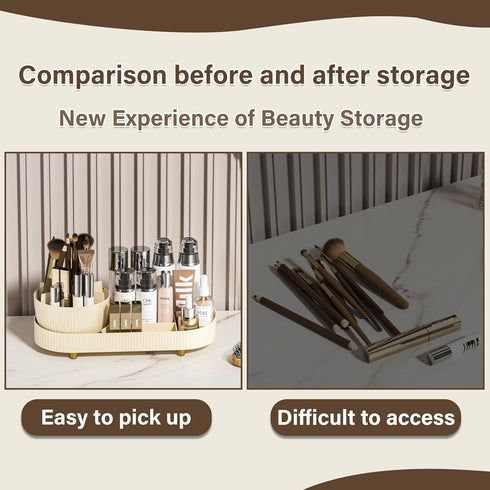 Rotating Makeup Organizer for Vanity with Brush Holder, Large Spinning Makeup Skincare Organizer (15x6.3'')