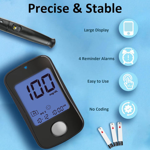 TD-4125 Blood Glucose Monitor Kit, 100 Glucometer Strips & Lancets, No Coding Diabetes Test Kit